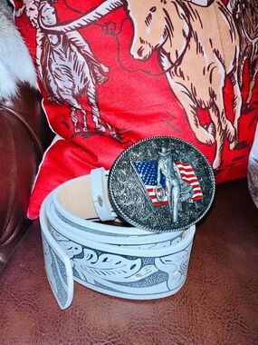 Western White Leather Belt with American Flag Rodeo Buckle